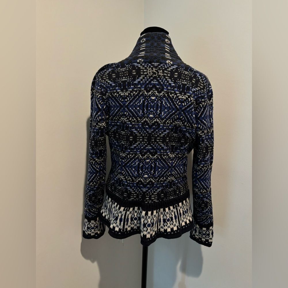 ODD MOLLY Boho Scandi Blue Black Wool Shawl Collar Embroidered Knit Cardigan M - Picture 5 of 12